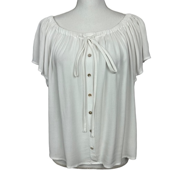 NWT EXPRESS Women’s Pullover Top Sz Medium Boho Peasant White Crinkle Flowy - Picture 1 of 12